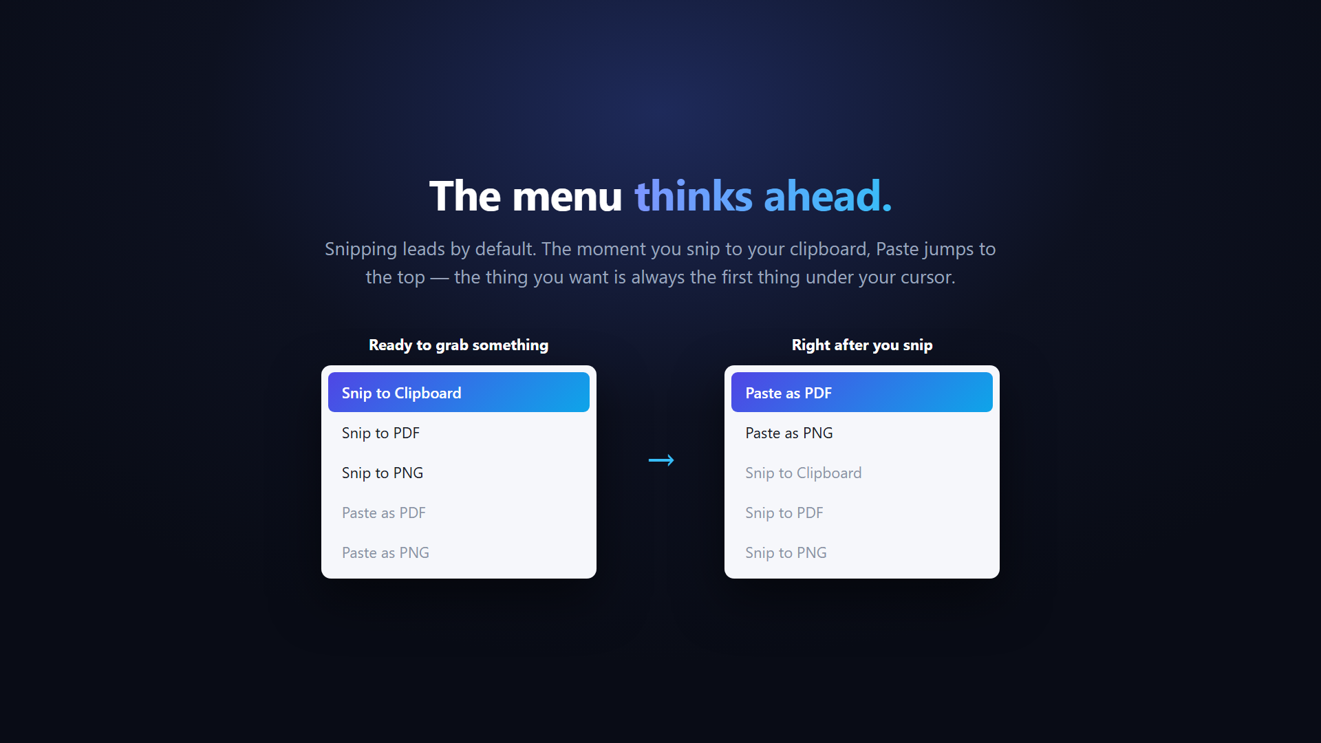The menu reorders itself: snipping leads by default, Paste jumps to the top right after a snip